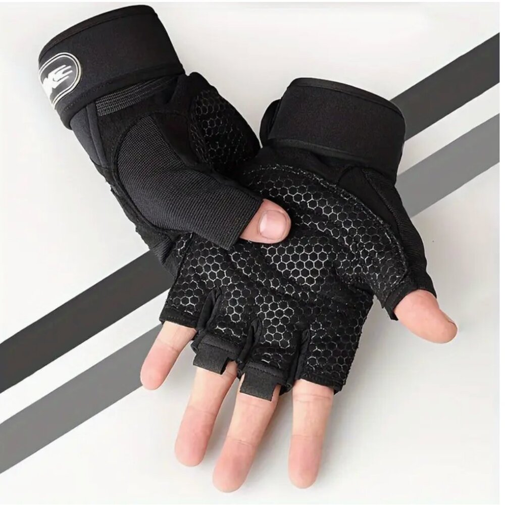 Callie Lives Red Blue Fingerless Wrist Support Weight Training Biking Gloves - Picture 3 of 5